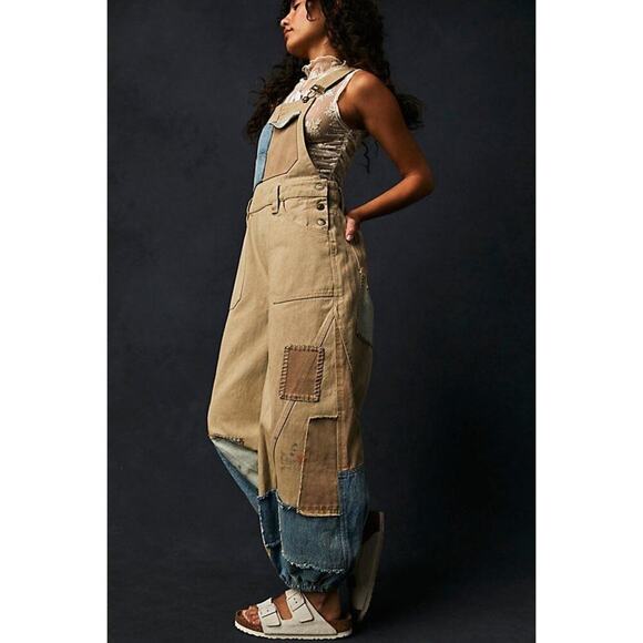 Free People – Bittersweet Embroidered Overalls – Patchwork Tan/Denim – Size M - Picture 3 of 4